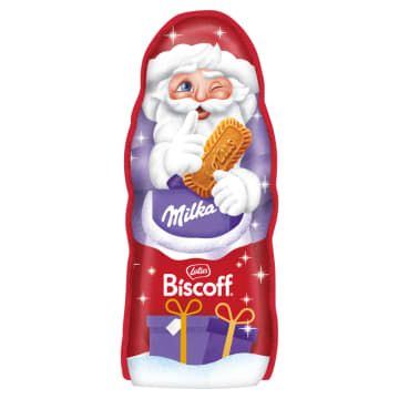 MILKA Mikołaj z czekolady mlecznej z pokruszonymi karmelizowanymi ciastkami Biscoff BN