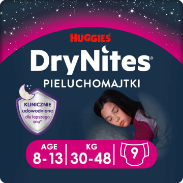 HUGGIES DryNites Jednorazowe majteczki na noc dla dziewczynek 8-13 lat 9 szt.