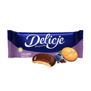 DELICJE SZAMPAŃSKIE Biszkopty z galaretką o smaku jagodowym oblewane czekoladą