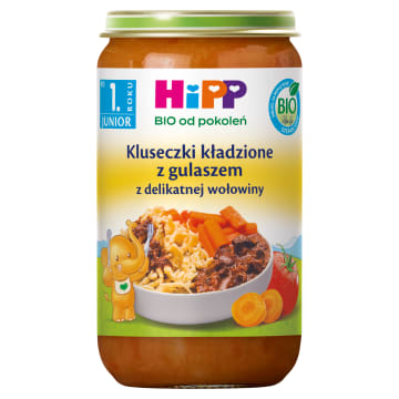 HIPP BIO od pokoleń Kluseczki kładzione z gulaszem z delikatnej wołowiny po 1. roku BIO