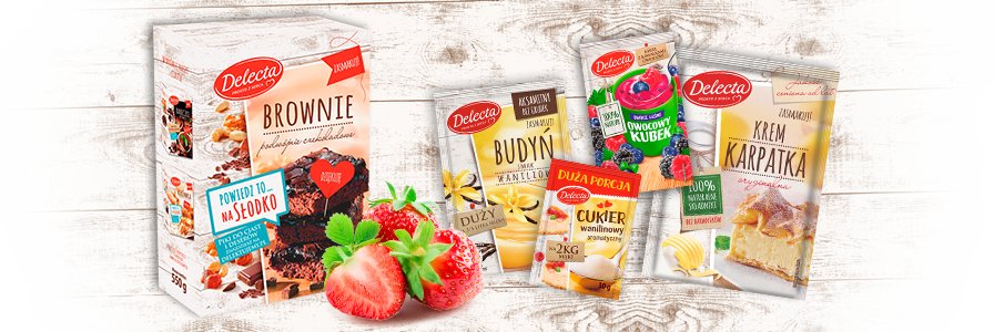 DELECTA zajmuje silną pozycję niekwestionowanego lidera w dziedzinie produkcji ciast, dodatków do ciast, galaretek, kisieli oraz wielu innych słodkich produktów.