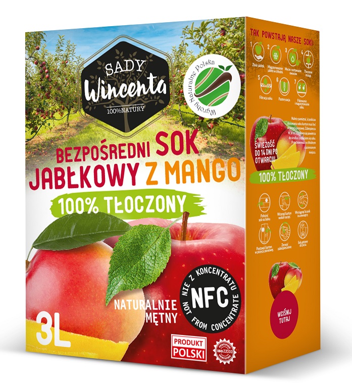 SADY WINCENTA Sok jabłkowy z mango w kartonie tłoczony