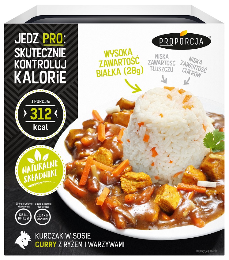 PROPORCJA Kurczak w sosie curry z ryżem i warzywami