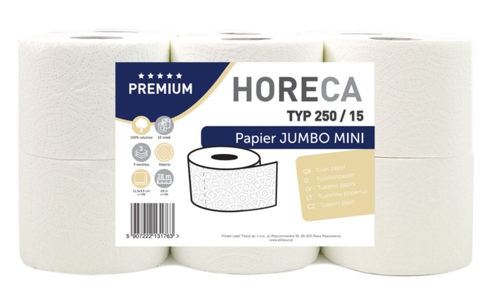HORECA PREMIUM Papier toaletowy jumbo mini 3-warstwowy, 12 rolek