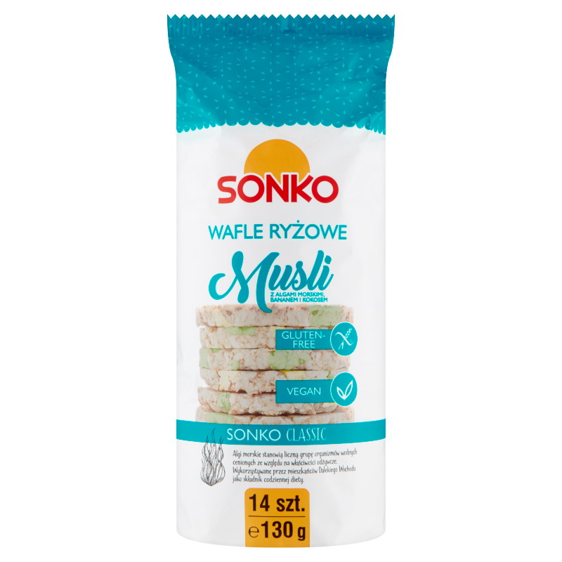 SONKO Wafle musli z algami morskimi, bananem i kokosem.