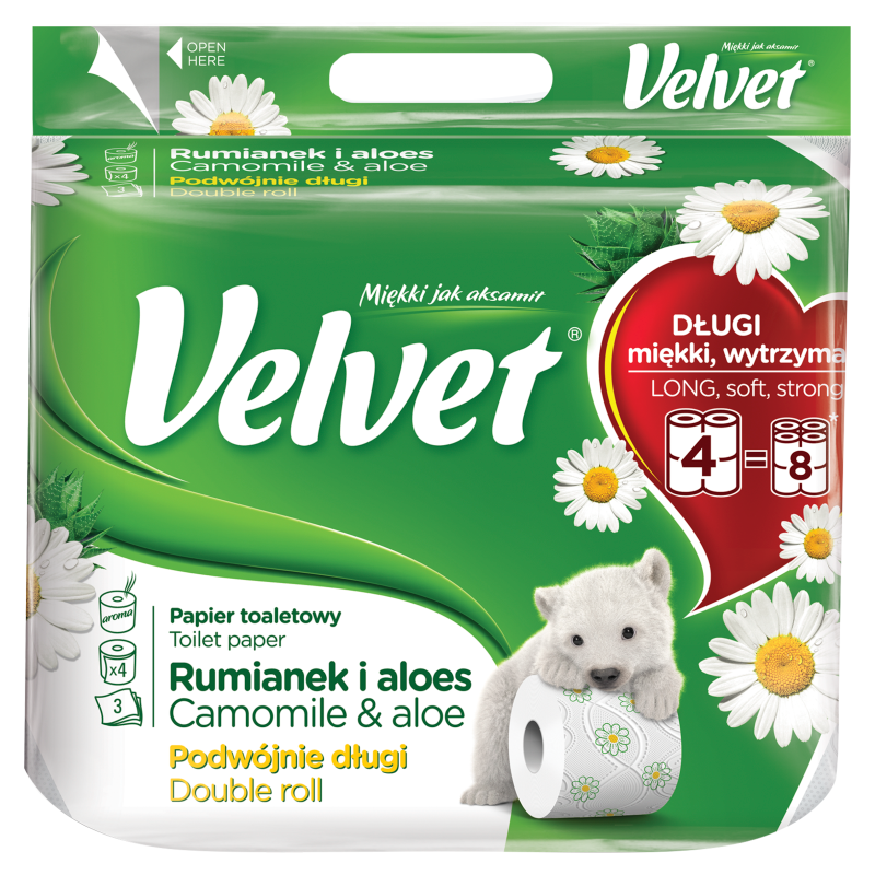 VELVET Naturalnie Pielęgnujący Papier toaletowy rumiankowy 4 Podwójne Długie Rolki