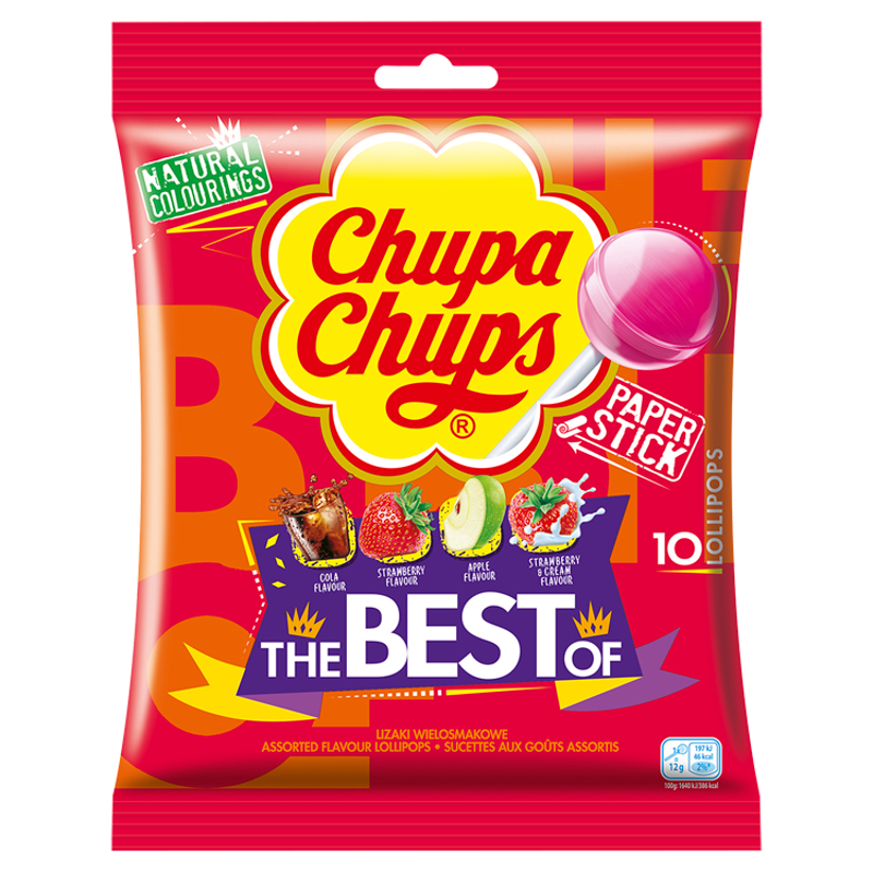 CHUPA CHUPS Lizaki wielosmakowe o smaku truskawkowym, jabłkowym, coli i truskawkowo-śmietankowym 10 szt. frisco.pl