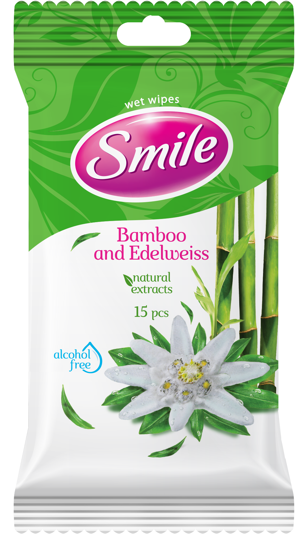SMILE Chusteczki nawilżane ekstrakt z Bambusa i Szarotki alpejskiej 15 szt