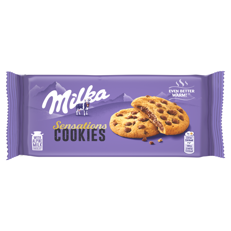 Sausainiai MILKA su pieninio šokolado gabalėliais ir pieninio šokolado įdaru 156 g Sausainiai MILKA su pieninio šokolado gabalėliais ir pieninio šokolado įdaru 156 g