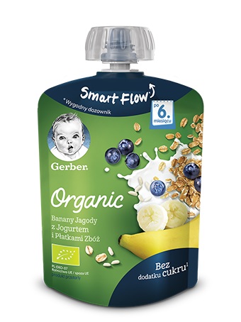 GERBER Organic Deserek w tubce banany jagody z jogurtem i płatkami zbóż dla niemowląt po 6 miesiącu