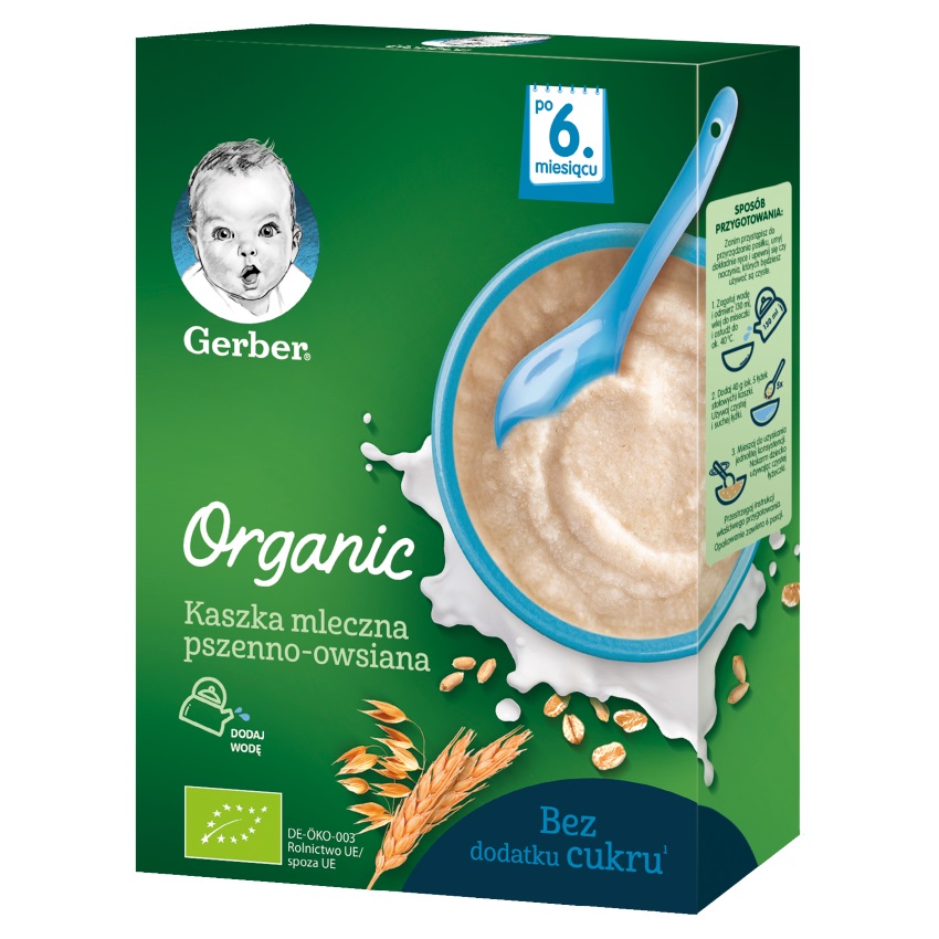 GERBER Organic Kaszka mleczna pszenno owsiana dla niemowląt po 6 miesiącu