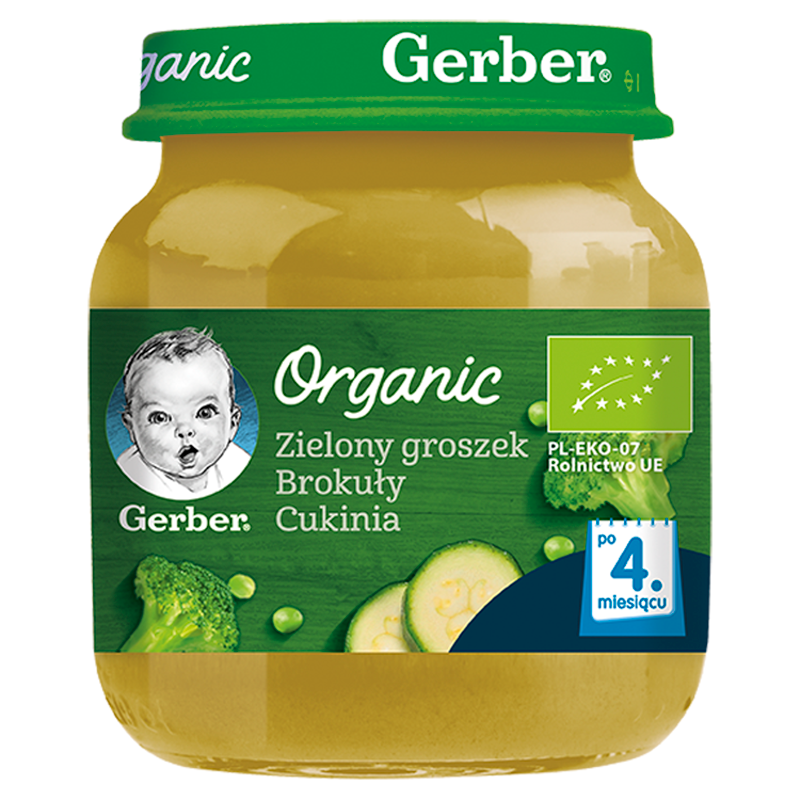GERBER Organic Zielony groszek brokuły cukinia dla niemowląt po 4 miesiącu BIO