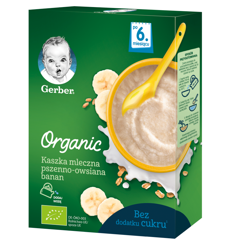 GERBER Organic Kaszka mleczna pszenno-owsiana banan dla niemowląt po 6 miesiącu frisco.pl