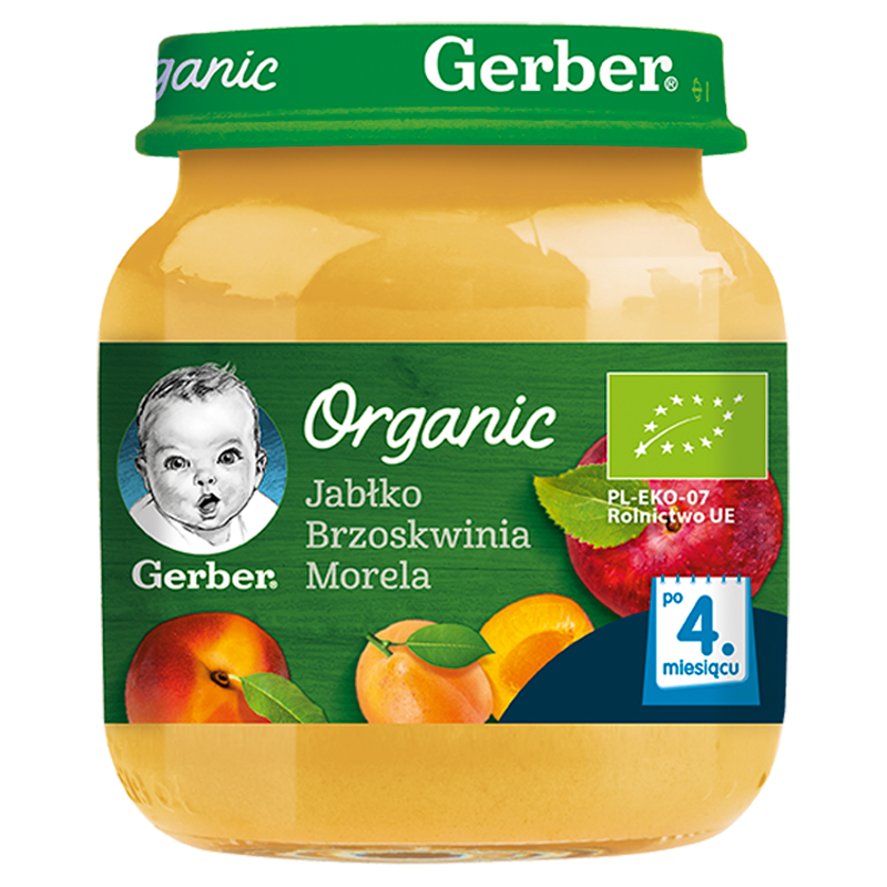 GERBER Organic Jabłko brzoskwinia morela dla niemowląt po 4 miesiącu BIO