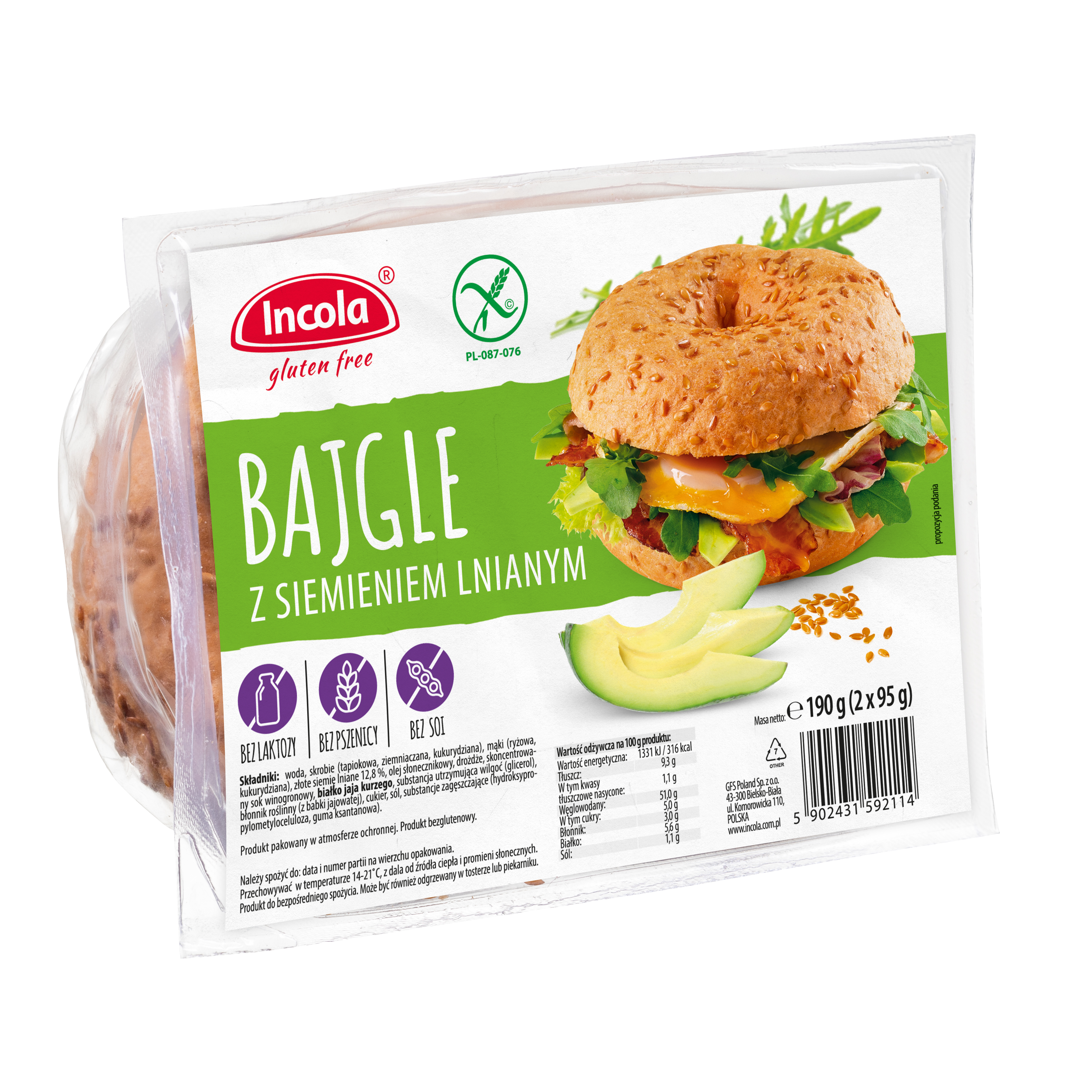 INCOLA Bezglutenowe bajgle z siemieniem lnianym (2x95g)