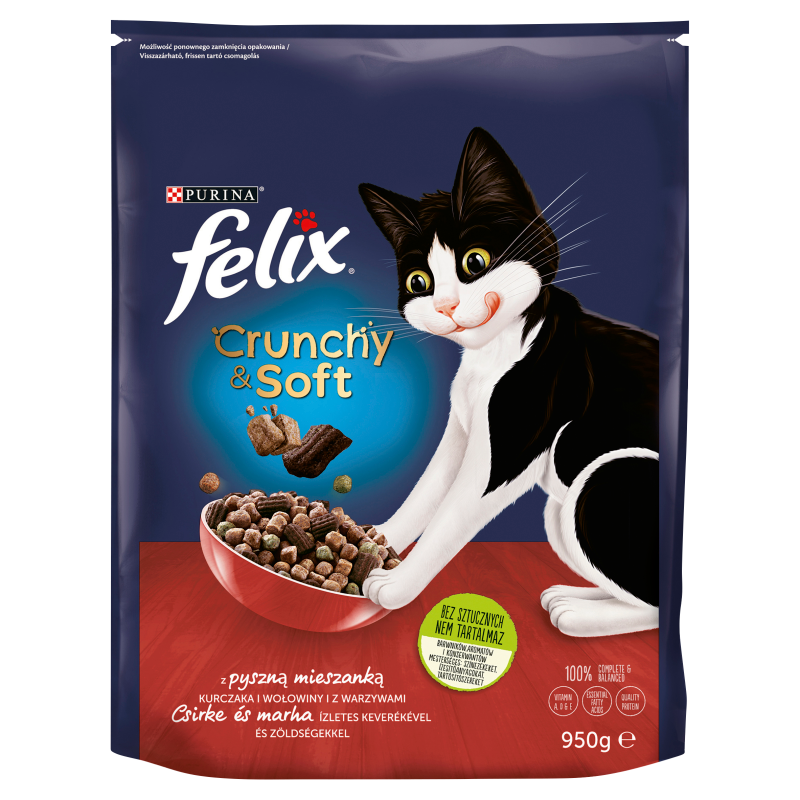 FELIX® Crunchy & Soft Sucha karma dla kotów z pyszną mieszanką kurczaka i wołowiny z warzywami