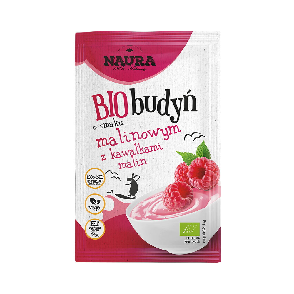 NAURA Budyń o smaku malinowym z kawałkami malin BIO