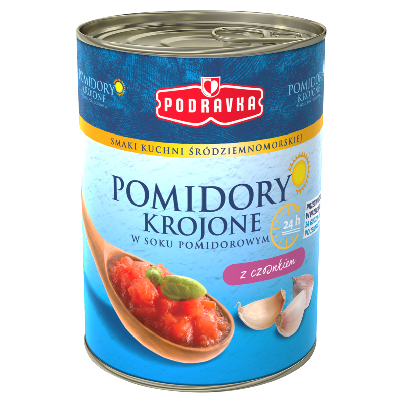 PODRAVKA Pomidory krojone w soku pomidorowym z czosnkiem