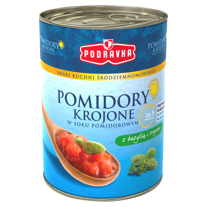 PODRAVKA Pomidory krojone w soku pomidorowym z bazylią i oregano