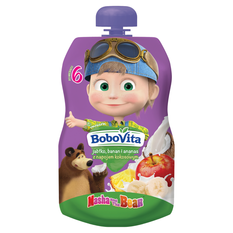 BOBOVITA Mus jabłko banan ananas z napojem kokosowym po 6 miesiącu Masza i Niedźwiedź frisco.pl