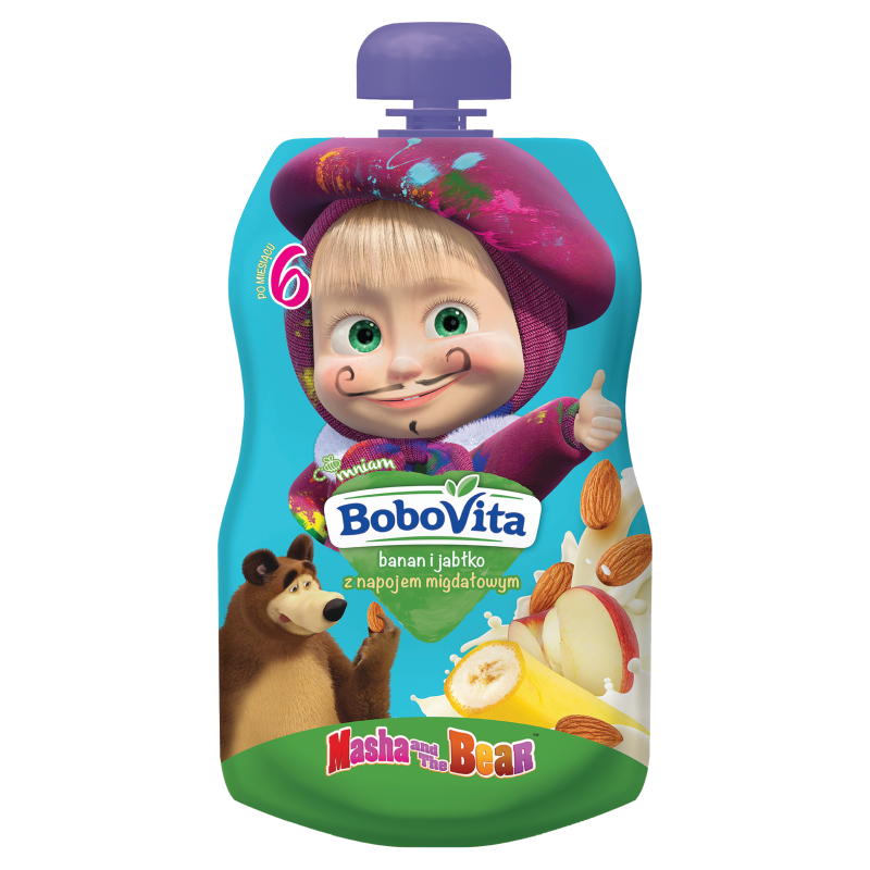 BOBOVITA Mus banan i jabłko z napojem migdałowym po 6 miesiącu Masza i Niedźwiedź frisco.pl
