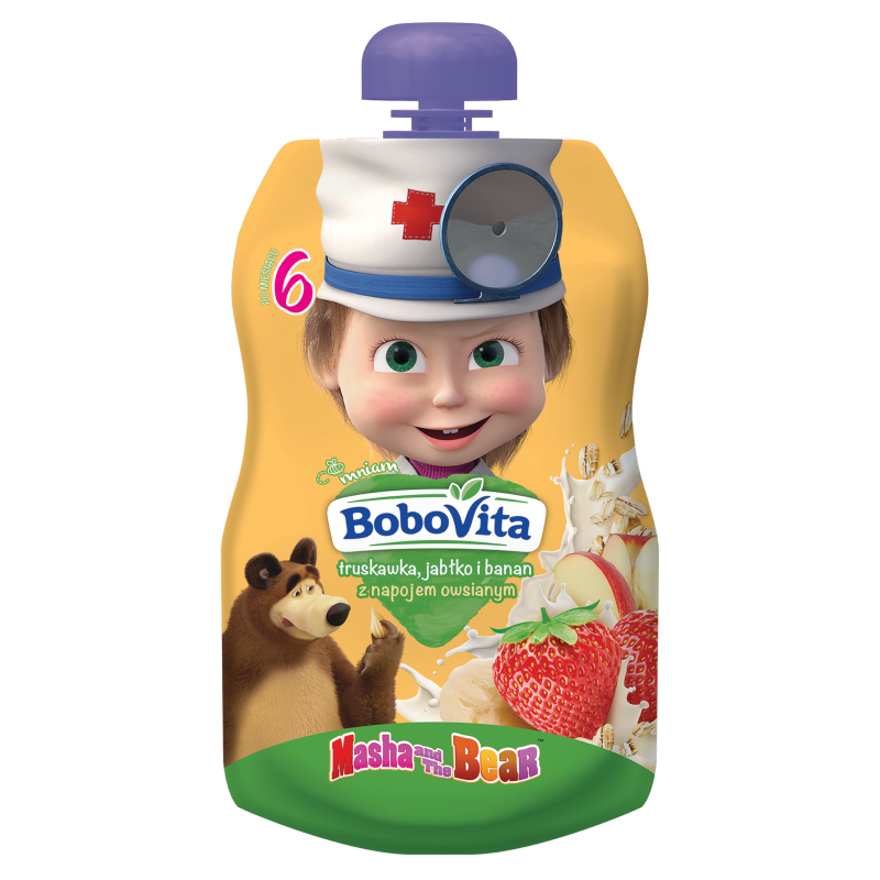BOBOVITA Mus truskawka jabłko i banan z napojem owsianym po 6 miesiącu Masza i Niedźwiedź frisco.pl
