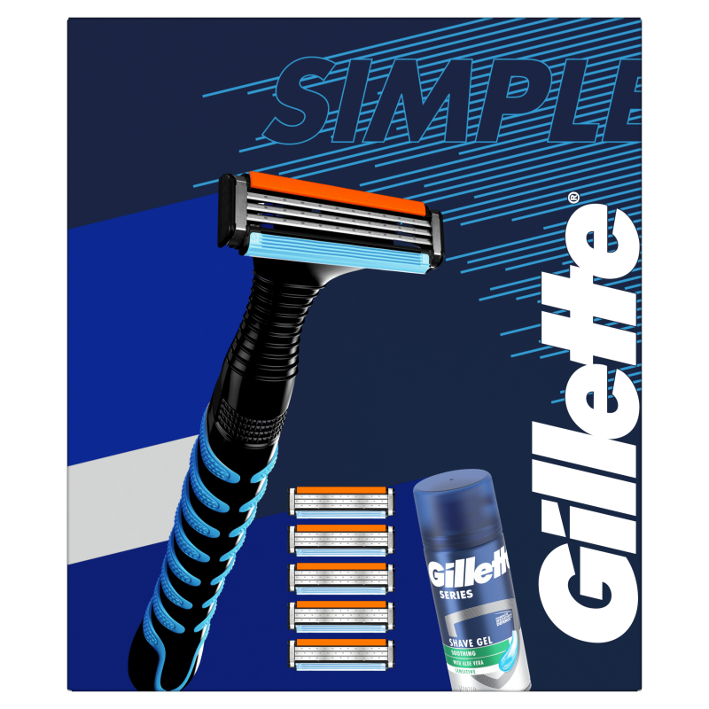 GILLETTE Zestaw: Maszynka Gillette Sensor3 + 5 ostrzy + mini żel Series