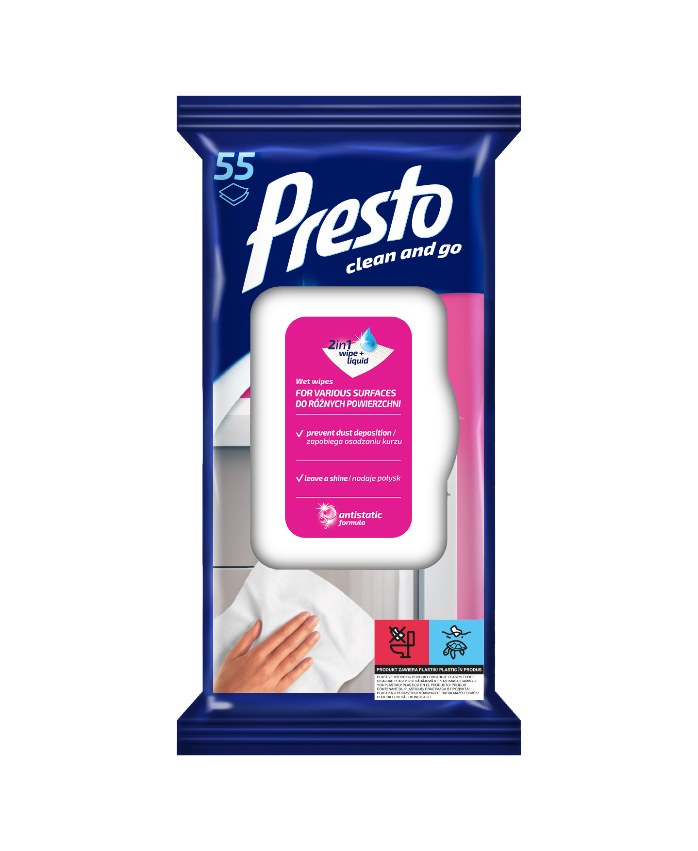 PRESTO Ściereczki nawilżane do różnych powierzchni 55 szt.