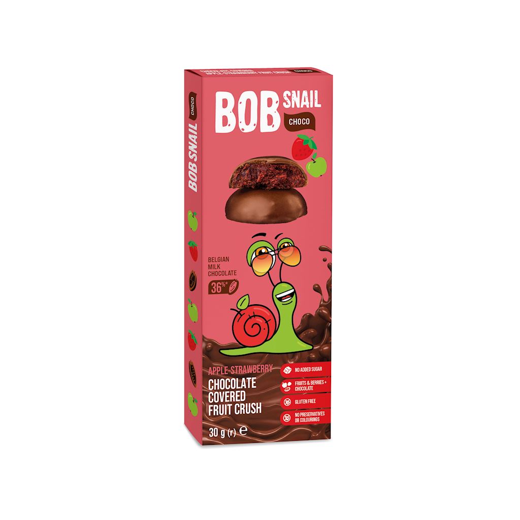 BOBSNAIL Przekąska jabłkowo-truskawkowa w mlecznej belgijskiej czekoladzie