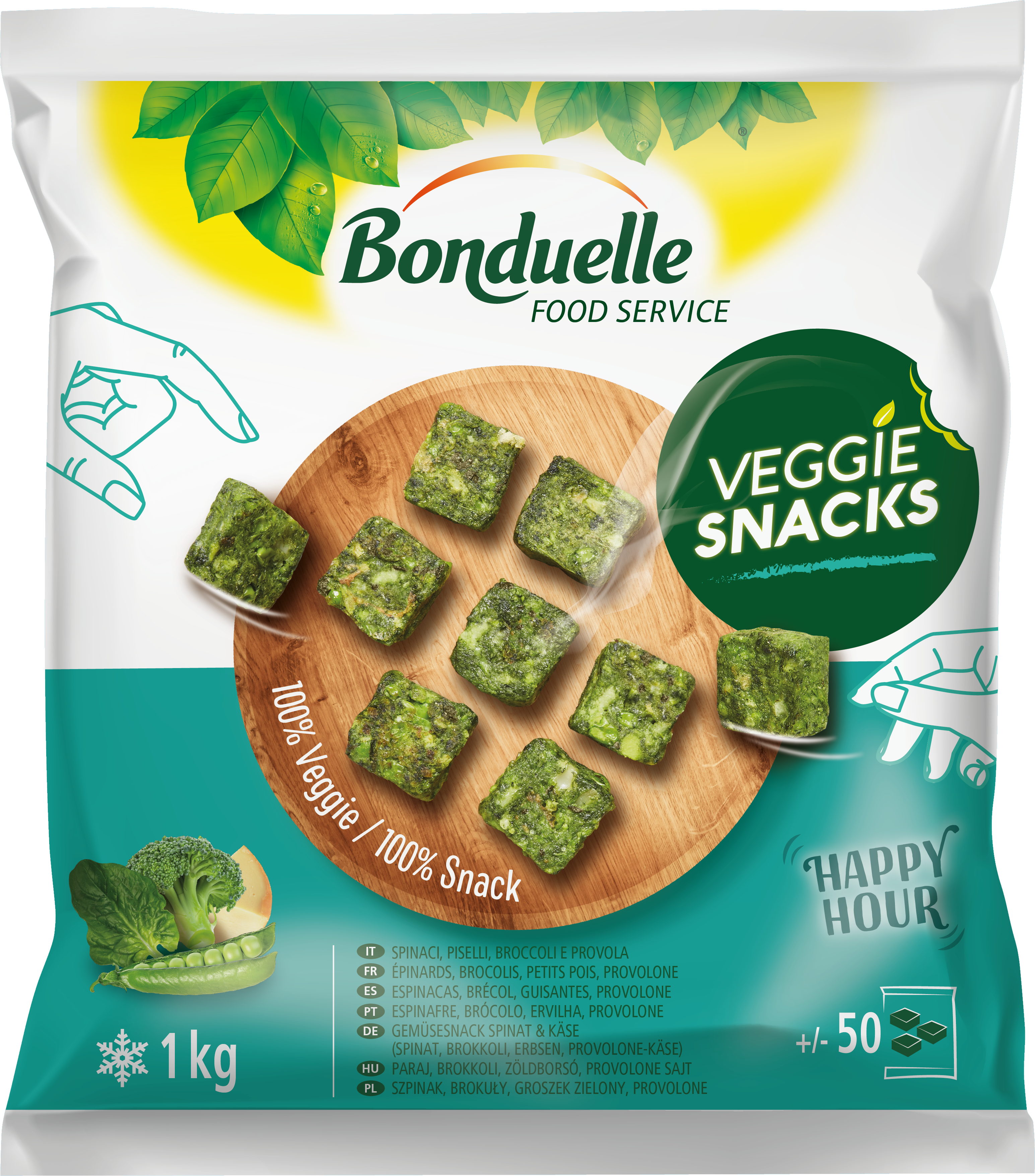 BONDUELLE VEGGIE SNACKS Szpinak brokuły groszek i ser Provolone