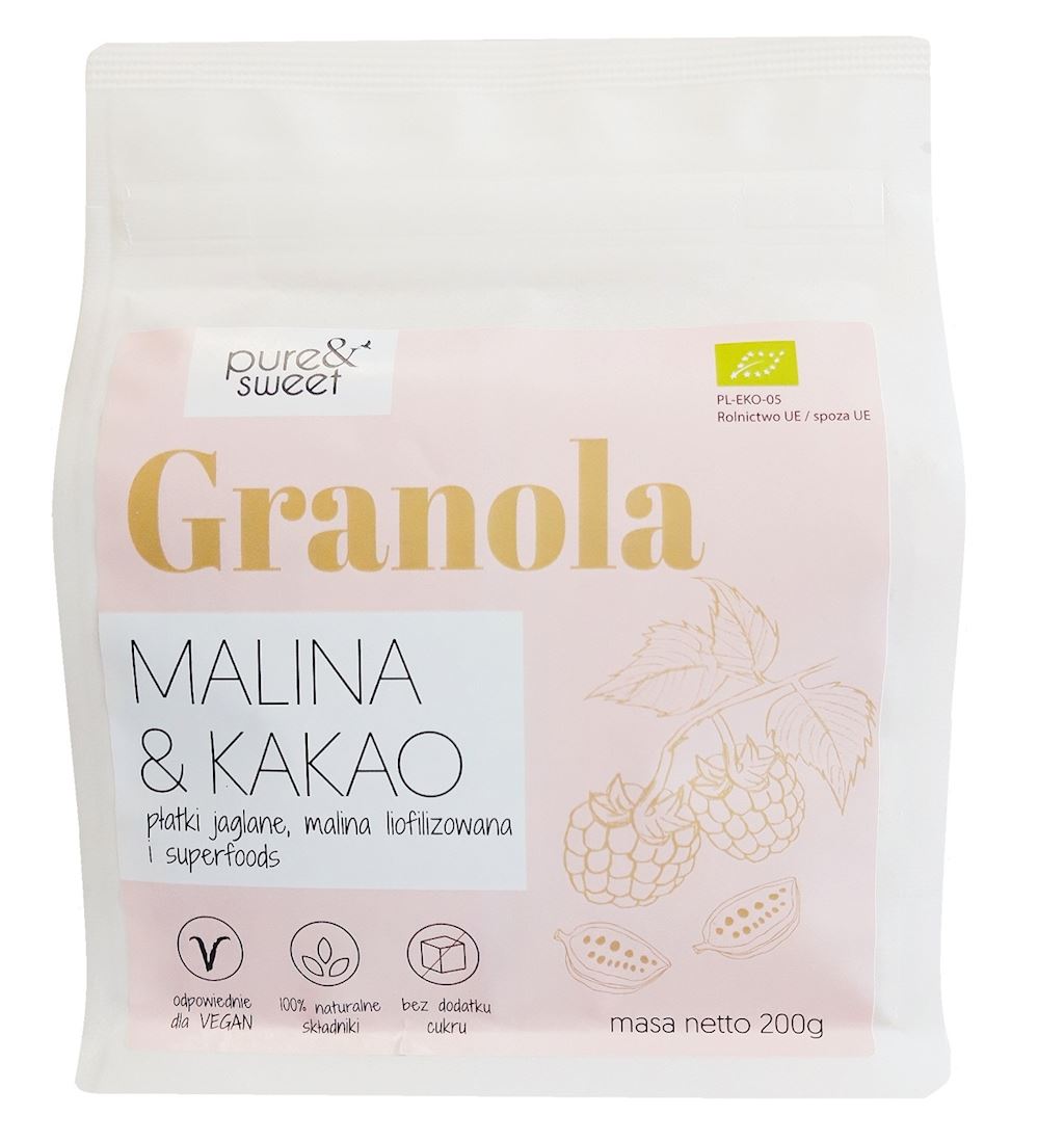 PURE & SWEET Granola malina - kakao bez dodatków cukrów BIO