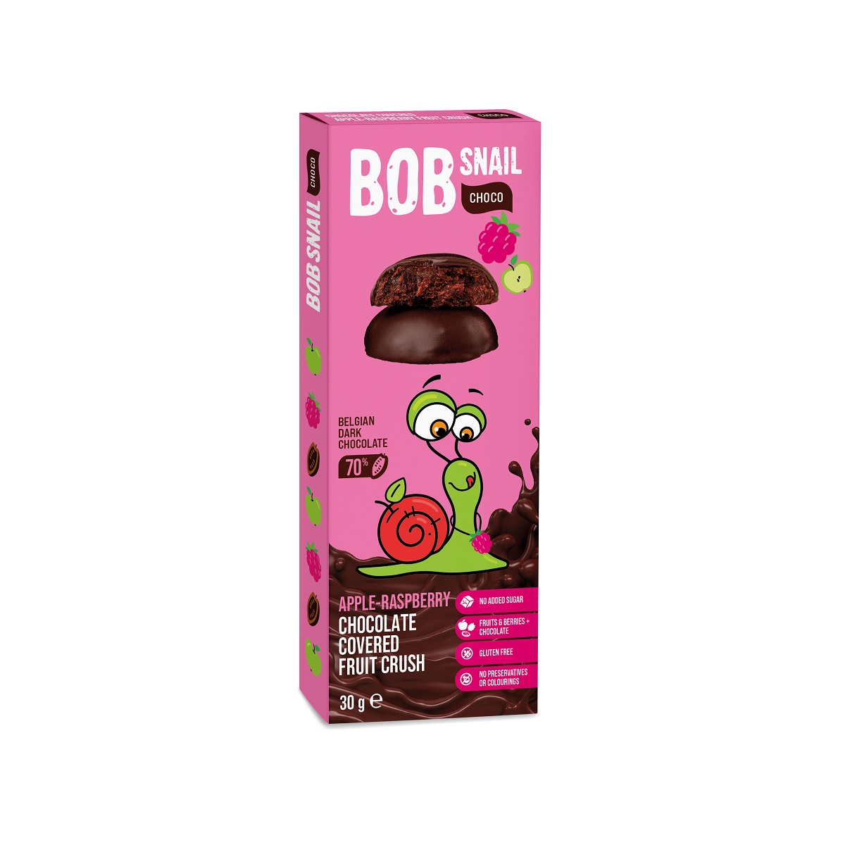 BOBSNAIL Przekąska jabłkowo-malinowa w ciemnej belgijskiej czekoladzie
