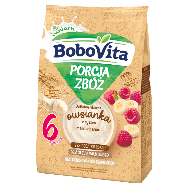 BOBOVITA Porcja Zbóż BoboVita Porcja zbóż Delikatna mleczna owsianka z ryżem malina-banan po 6 miesiącu frisco.pl