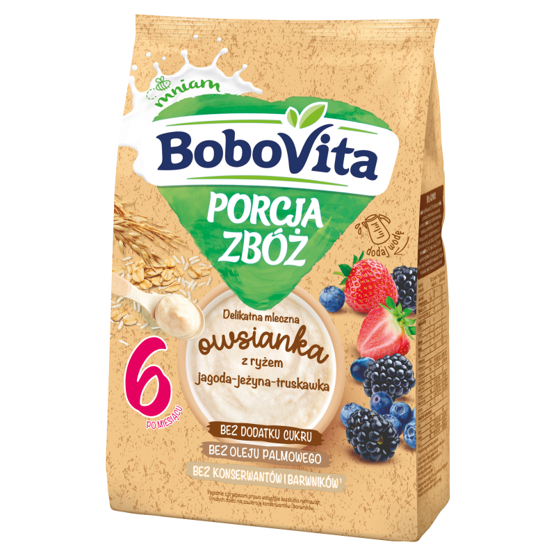 BOBOVITA Porcja Zbóż Porcja zbóż Delikatna mleczna owsianka z ryżem jagoda-jeżyna-truskawka po 6 miesiącu frisco.pl