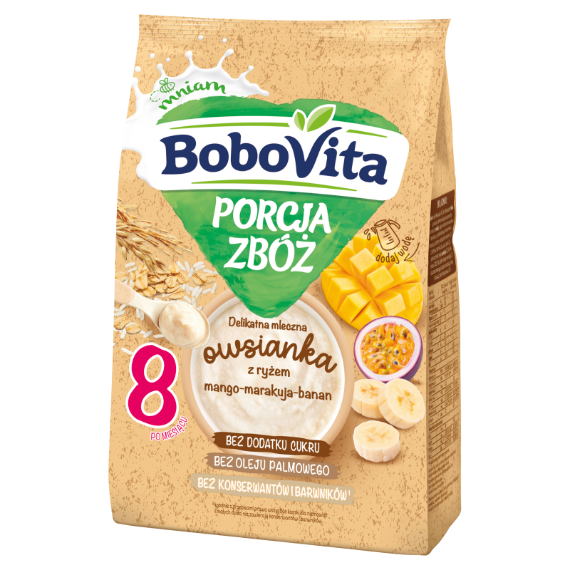 BOBOVITA Porcja Zbóż Porcja zbóż Delikatna mleczna owsianka z ryżem mango-marakuja-banan po 8 miesiącu frisco.pl