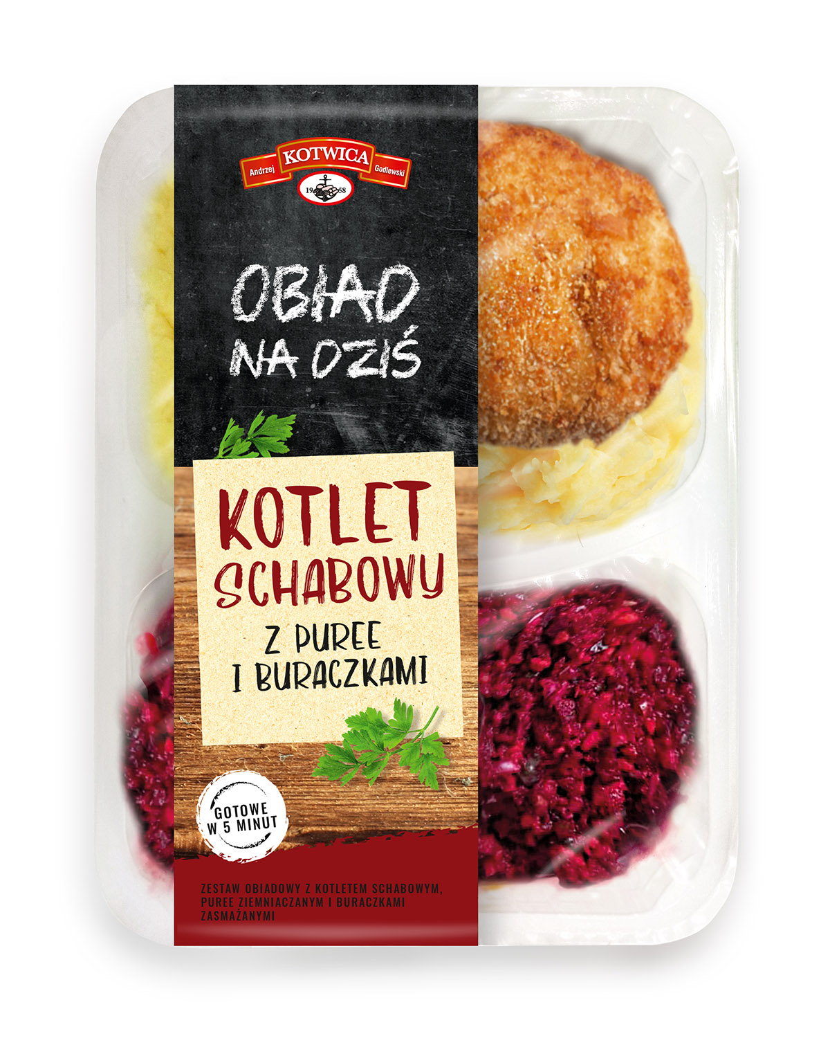 KOTWICA Kotlet schabowy z puree ziemniaczanym i buraczkami