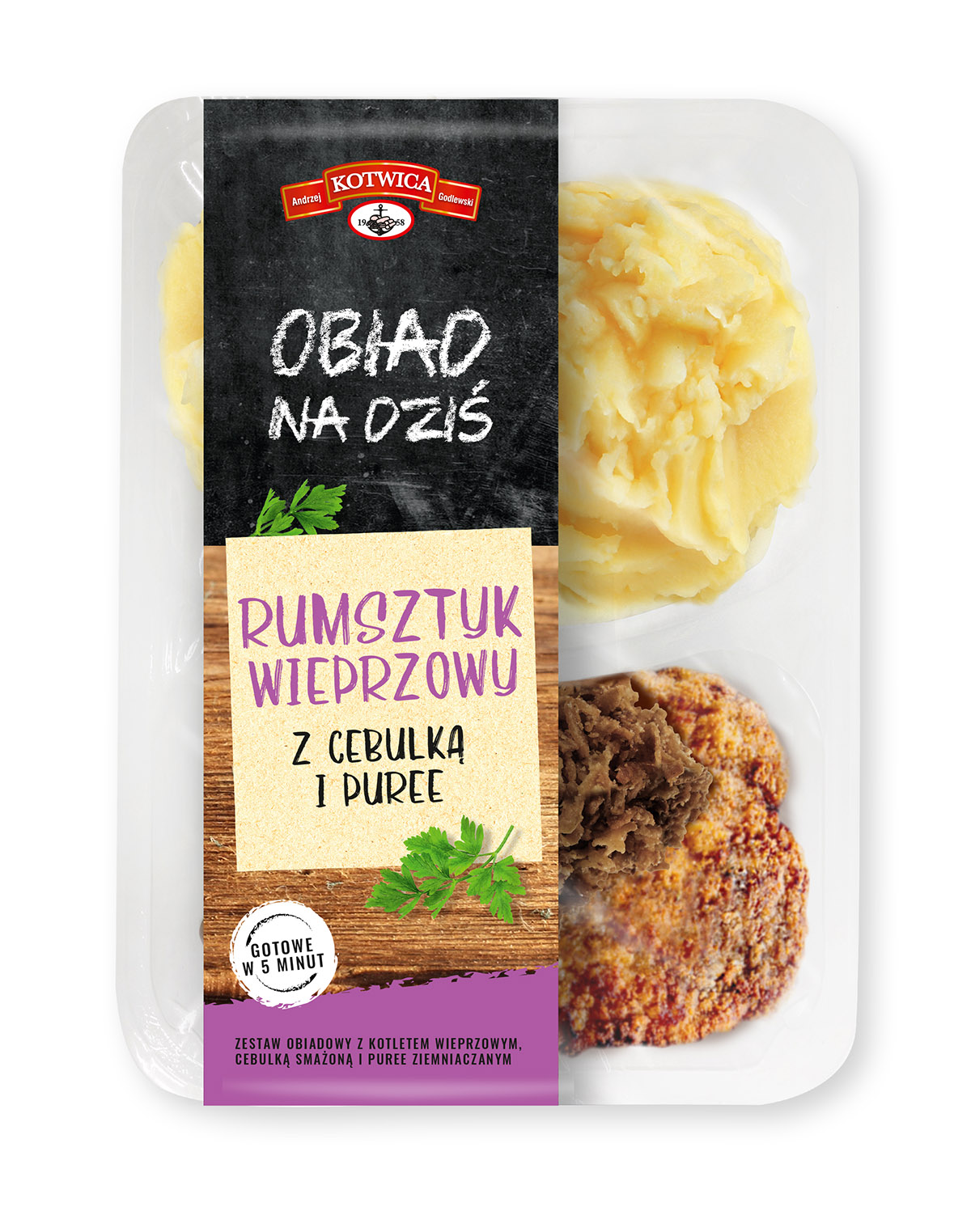 KOTWICA Rumsztyk wieprzowy z puree ziemniaczanym i cebulką smażoną