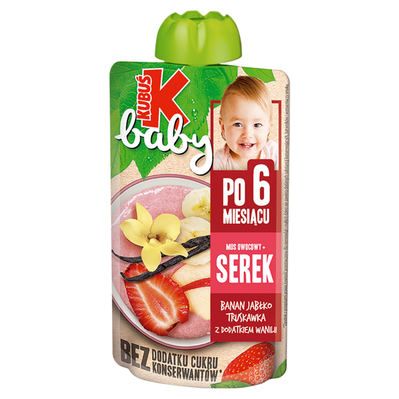 KUBUŚ Baby Mus owocowy + serek banan jabłko truskawka z dodatkiem wanilii po 6 miesiącu