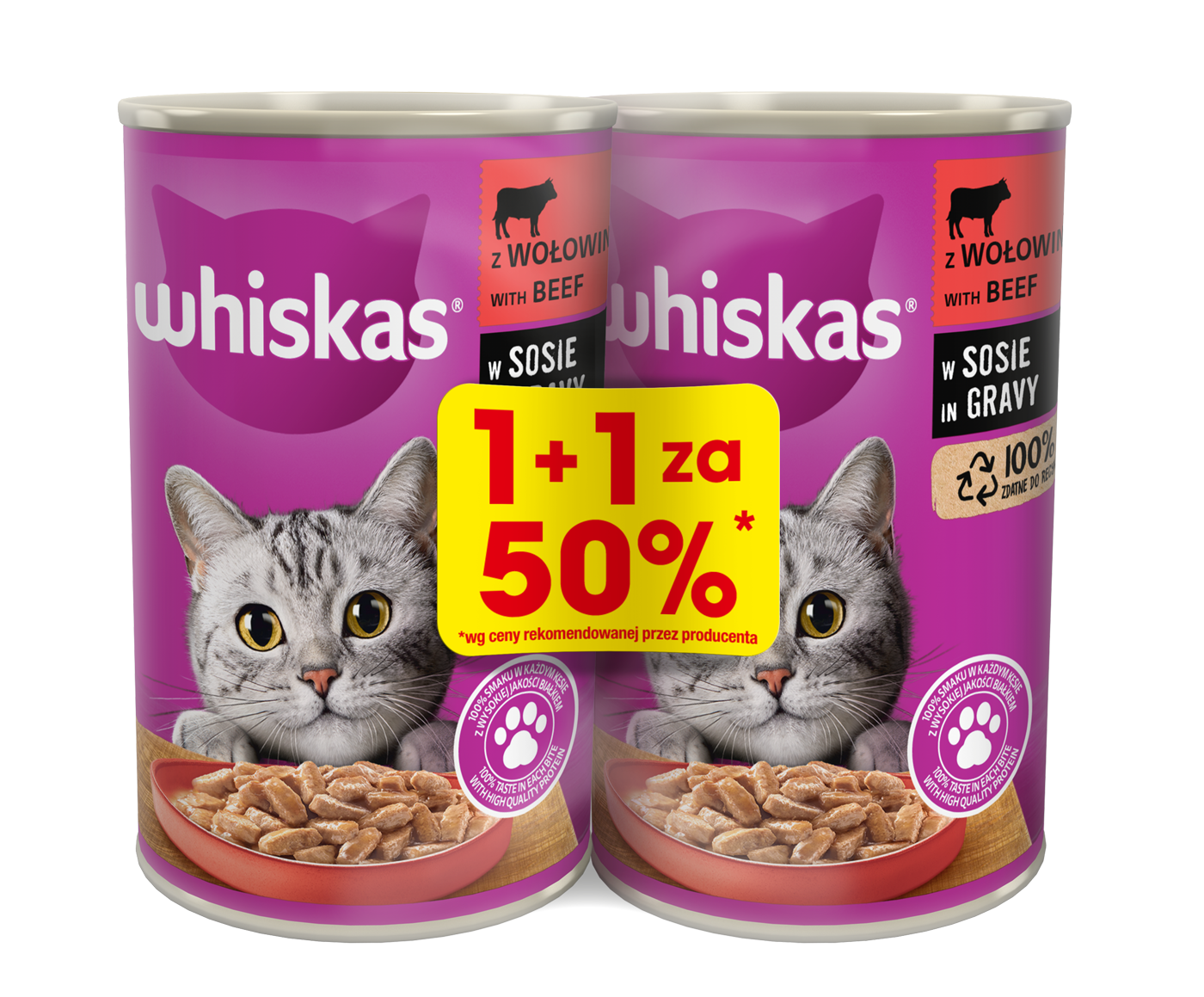 WHISKAS 1+ Pokarm dla Kotów z Wołowiną w Sosie Puszka 1 + 1 za 50% frisco.pl