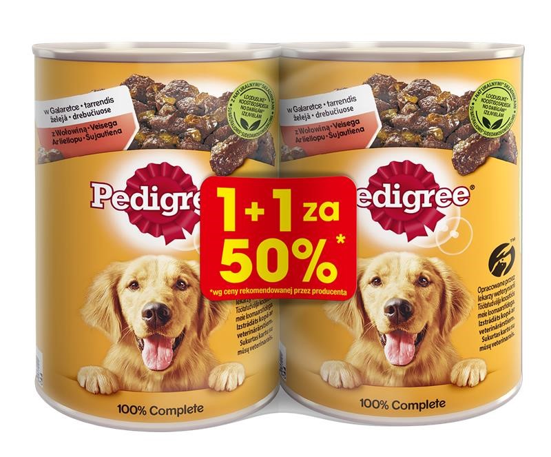 PEDIGREE Pokarm dla Psów z Wołowiną w Galaretce - Puszka 1 + 1 ZA 50%
