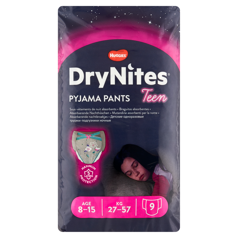 HUGGIES DryNites Jednorazowe majteczki na noc dla dziewczynek 8-15 lat 9 szt.