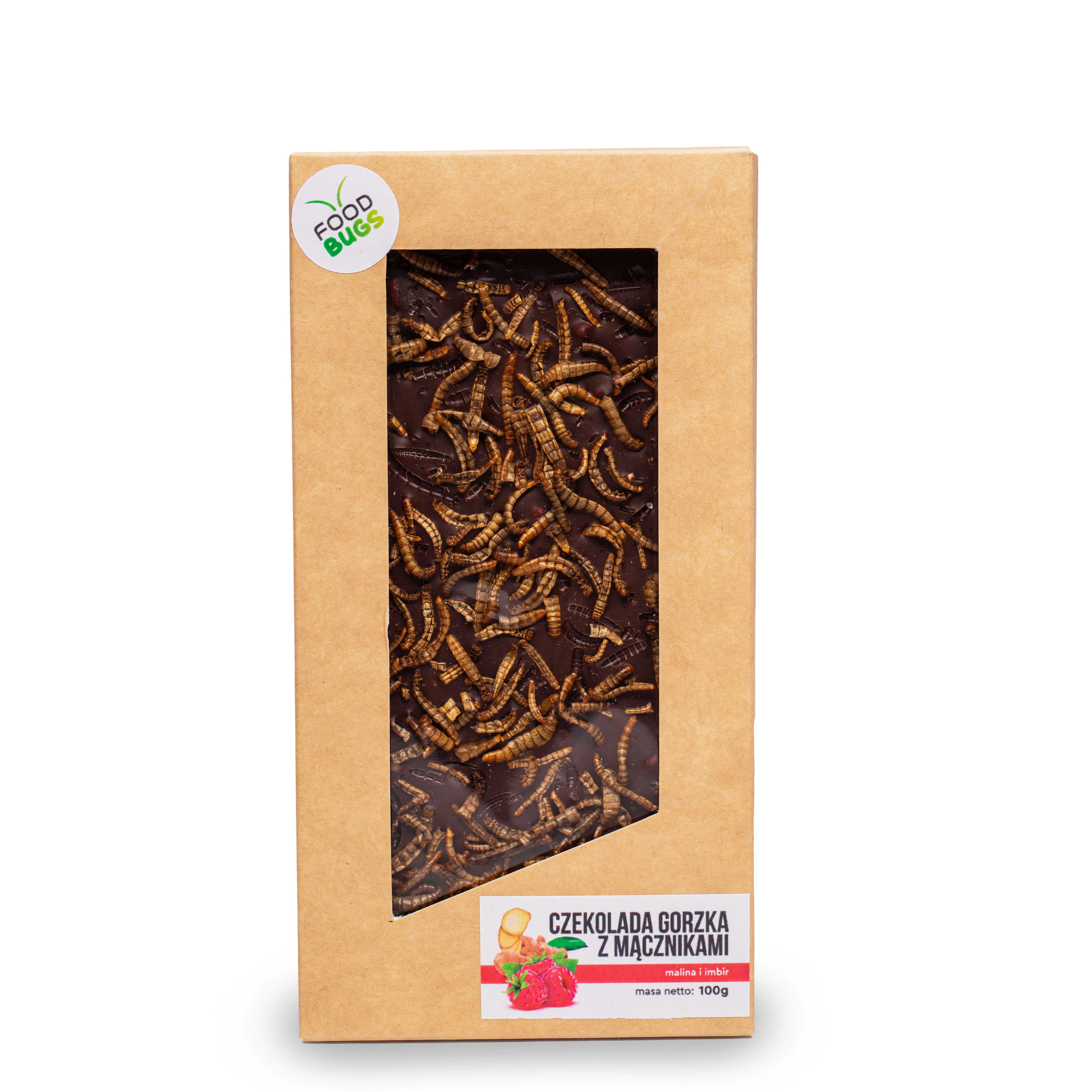 FoodBugs Czekolada gorzka z mącznikami - malina i imbir