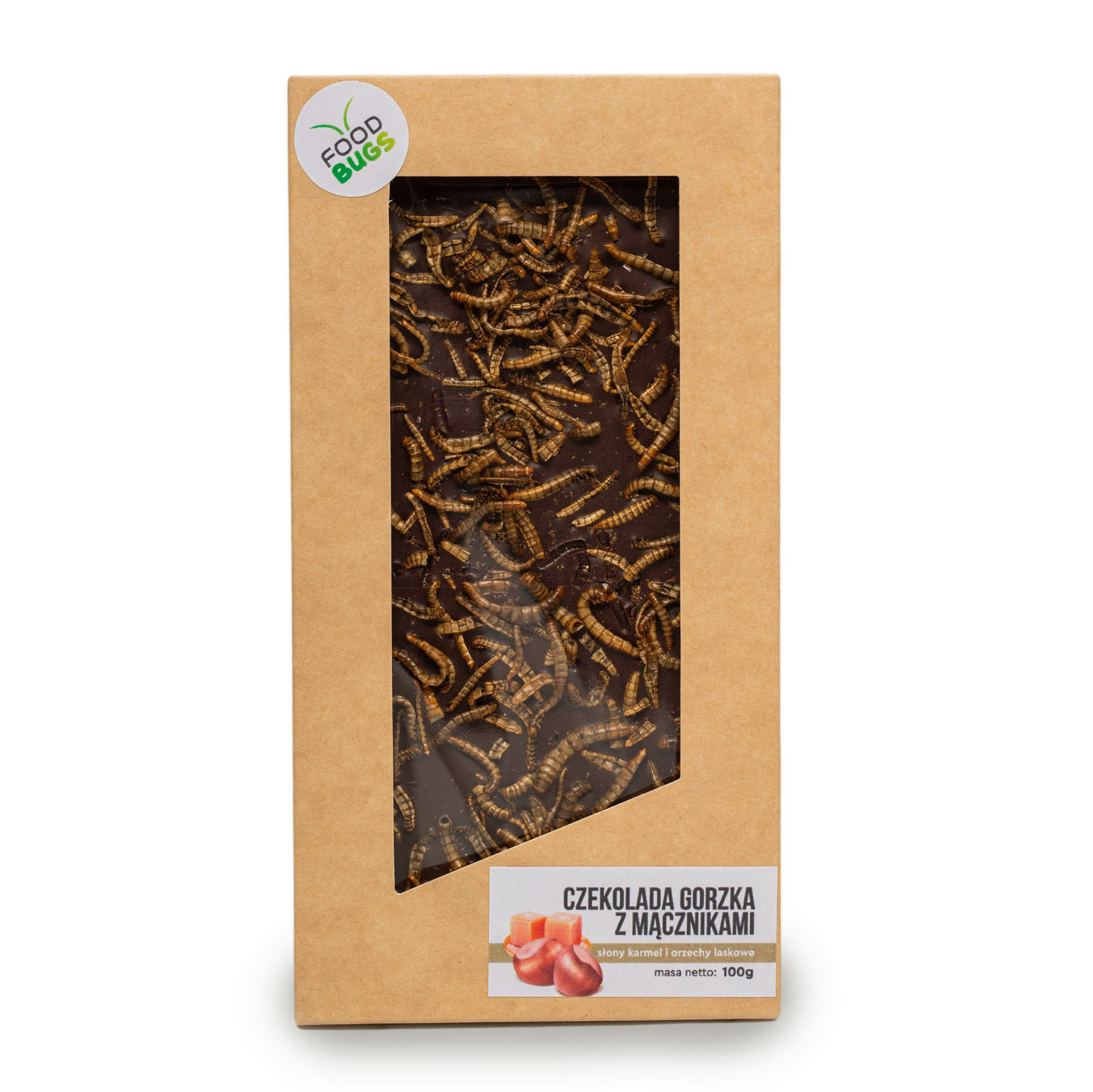 FoodBugs Czekolada gorzka z mącznikami - słony karmel i orzechy laskowe