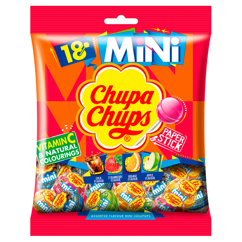 CHUPA CHUPS Lizaki wielosmakowe o smaku truskawkowym, jabłkowym, pomarańczowym i coli z wit C. 18 szt.