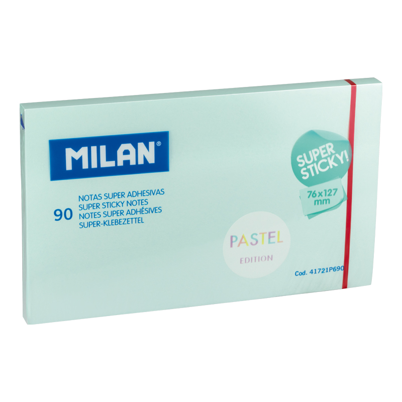 MILAN Karteczki samoprzylepne SUPER STICKY PASTEL 127x76mm 90 kartek, niebieskie
