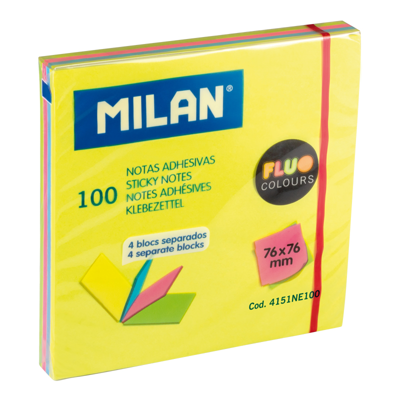 MILAN Karteczki samoprzylepne FLUO 76x76mm 100 kartek., 4 kolory w osobnych bloczkach