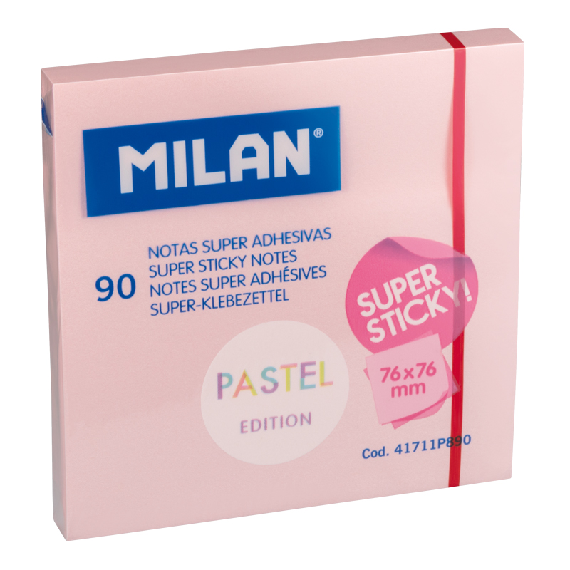 MILAN Karteczki samoprzylepne SUPER STICKY PASTEL 76x76mm 90 kartek, różowe
