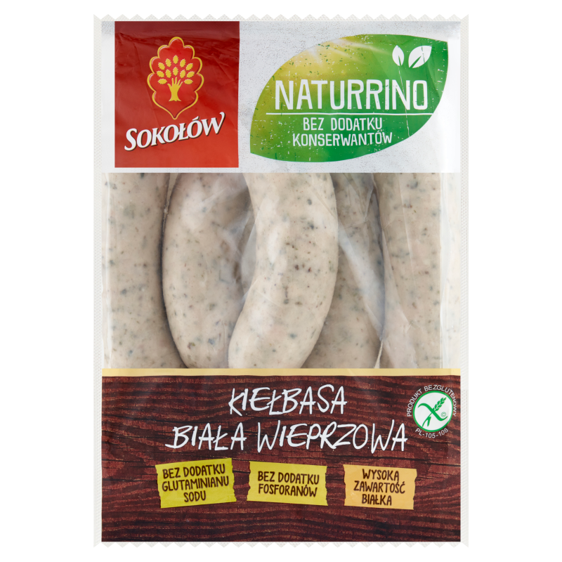SOKOŁÓW Naturrino Kiełbasa biała wieprzowa, parzona