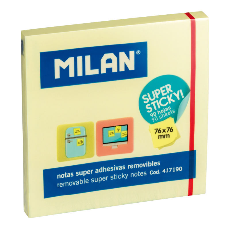 MILAN Karteczki samoprzylepne SUPER STICKY 76x76mm 90 kartek, żółte
