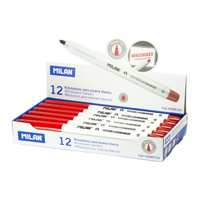 MILAN Markery do tablic z cienką okrągłą końcówką kolor czerwony, kartonik 12 szt.